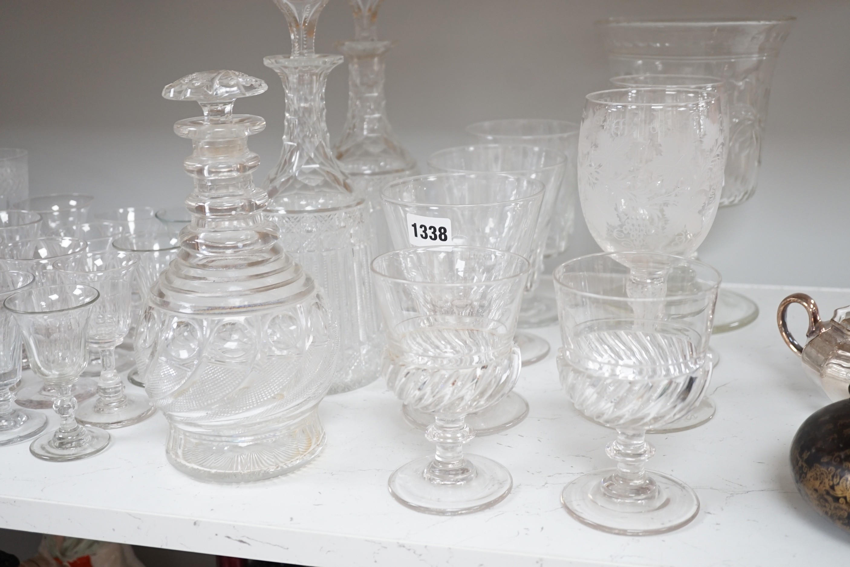 Assorted 19th and 20th century drinking glasses, rinsers, an etched vase, a pair of cut glass decanters and a late Georgian Anglo-Irish decanter and stopper